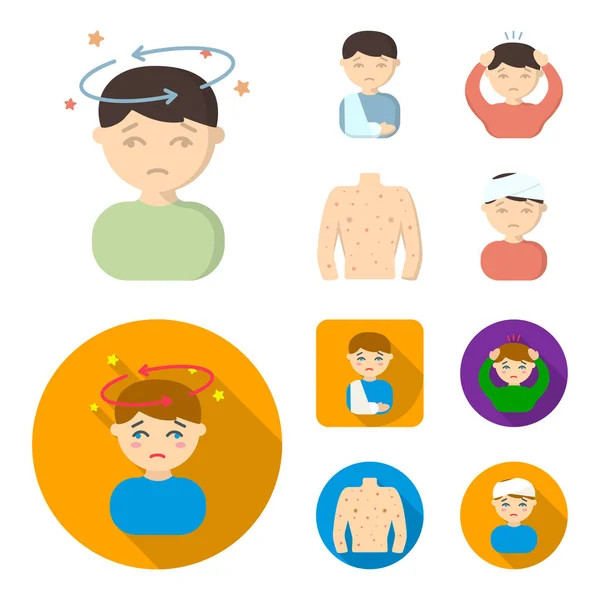 A boy with a headache, with stars, a man with a broken hand in a cast, a sick man grabbed his head with his hands, a man torso with ulcers and a rash. Sick set collection icons in cartoon,flat style — Stock Vector