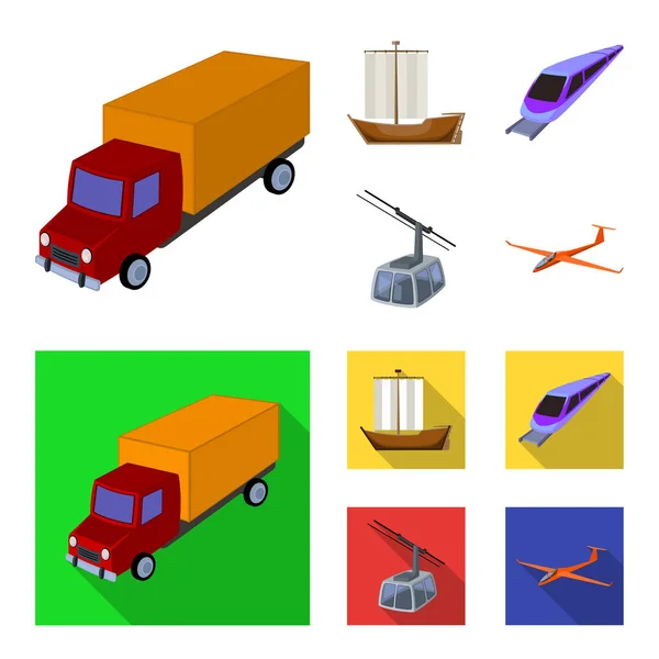 Der LKW, das Boot, die U-Bahn, die Seilbahnen. Transport Set Sammlung Symbole in Cartoon, flachen Stil Vektor Symbol Stock Illustration Web. — Stockvektor