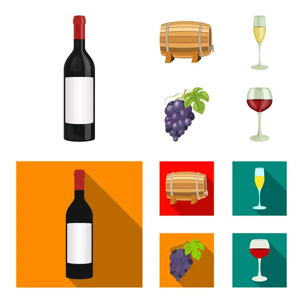 Пляшка червоного вина, винна бочка, келих шампанського, пучок. Виробничий набір колекційних значків у мультфільмі, плоский стиль Векторний символ стокової ілюстрації веб . — стоковий вектор