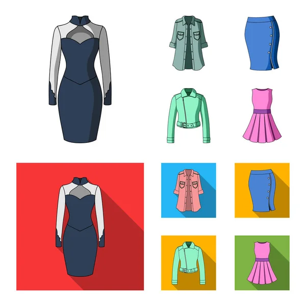 Mulheres Vestuário desenhos animados, ícones planos na coleção de conjuntos para design.Vestuário Variedades e Acessórios símbolo vetorial ilustração web stock . —  Vetores de Stock