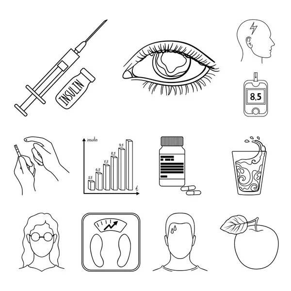 Diabetes umreißt Symbole in Set-Kollektion für Design. Behandlung von Diabetes-Vektorsymbol stock web illustration. — Stockvektor