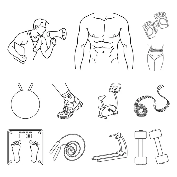 Fitness en kenmerken overzicht pictogrammen in set collectie voor design. Fitness apparatuur vectorillustratie symbool voorraad web. — Stockvector