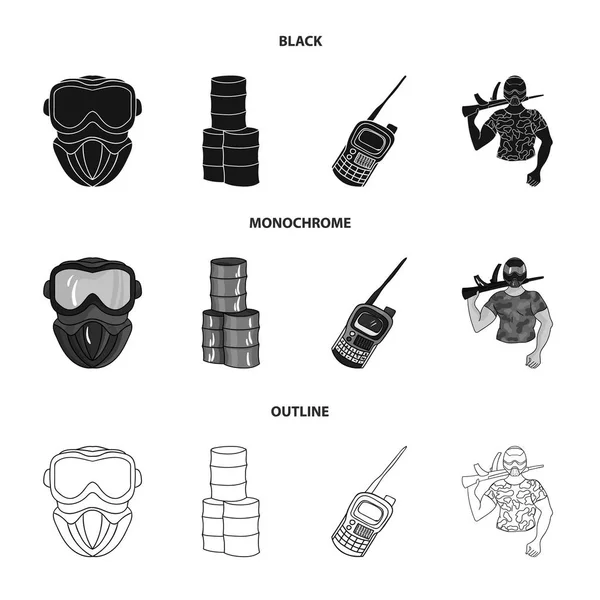 Attrezzatura, maschera, barilotto, barricata .Paintball set di icone di raccolta in nero, monocromatico, contorno stile simbolo stock illustrazione web . — Foto Stock