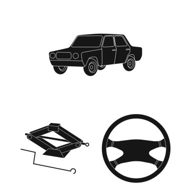 Araba, araç siyah simgeler toplama tasarımı için ayarlayın. Araba ve ekipman sembol stok web illüstrasyon vektör.