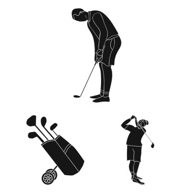 Set koleksiyonu tasarım için simgeler siyah Golf ve öznitelikleri. Golf Kulübü ve ekipman sembol stok web illüstrasyon vektör.