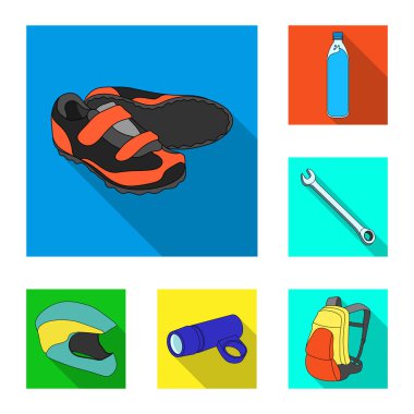 Bisiklet kıyafeti set koleksiyonu tasarım için düz simgeler. Bisiklet ve araç vektör simge stok web çizim.