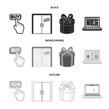 El, tıklayın, Asansör, Hediyelik, kutusu, kapı, online mağaza ve diğer ekipmanlar. E ticaret koleksiyonu Icons set siyah, tek renkli, anahat stili vektör simge stok çizim web.