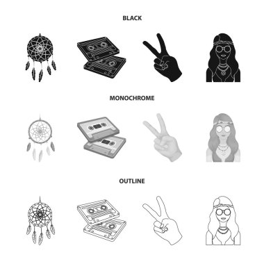 Amulet, hippie girl, freedom sign, old cassette.Hippy set collection icons in black,monochrome,outline style vector symbol stock illustration web.