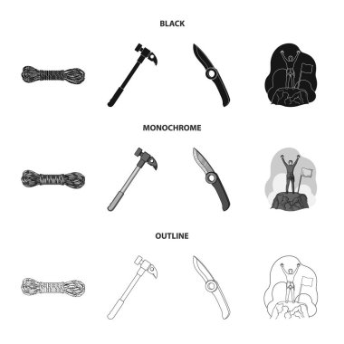 Dağcı fethedilen top, ip, bıçak, çekiç bobin. Dağcılık koleksiyonu Icons set siyah, tek renkli, anahat stili vektör simge stok çizim web.