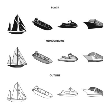 Antik yelkenli, motorlu tekne, scooter, deniz gemisi. Gemi ve Su ulaştırma araçları koleksiyonu Icons set siyah, tek renkli, anahat stili vektör simge stok çizim web.