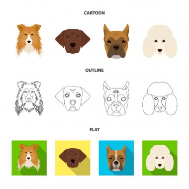 Farklı doğurmak-in köpek ağızlık. Kömür ocağı doğurmak köpek, lobladore, fino köpeği, boksör çizgi film, anahat, düz stil vektör simge stok çizim web simgeler ayarla.
