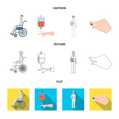 Travma, kan nakli, Doktor, bir doktorun elinde ilaç ile geçersiz. Medicineset toplama simgeler karikatür, anahat, düz stil vektör simge stok çizim web.