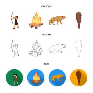 Adam, hunter, soğan, şenlik ateşi. Taş Devri koleksiyonu Icons set çizgi film, anahat, düz stil vektör simge stok çizim web.