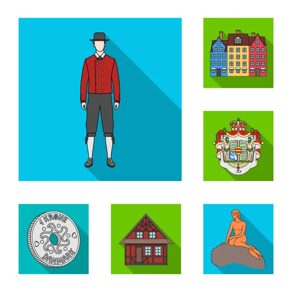 Viajar en Dinamarca iconos planos en la colección de conjuntos para el diseño. Dinamarca y atracciones vector símbolo stock web ilustración . — Vector de stock