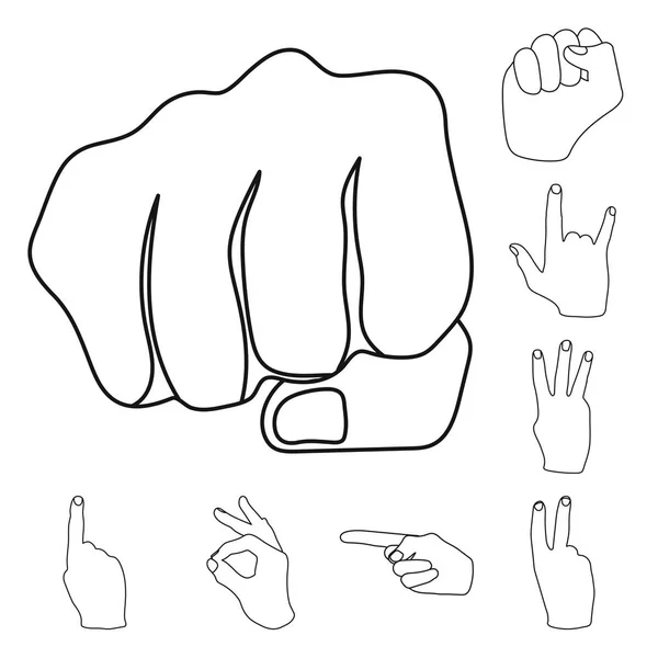 Ручной жест контуры иконки в наборе коллекции для дизайна. Рисунок векторных символов ладони и пальца . — стоковый вектор