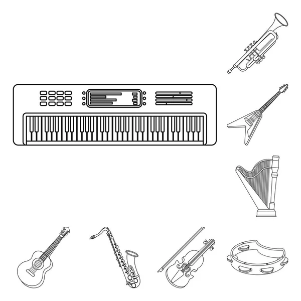 Ícones de contorno de instrumentos musicais na coleção de conjuntos para design. String e Wind instrumento vetor símbolo web ilustração . —  Vetores de Stock