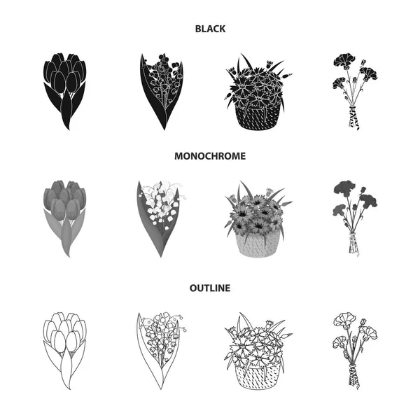 Um buquê de flores frescas preto, monocromático, ícones de contorno na coleção de conjuntos para design. Vários buquês símbolo vetorial web ilustração . — Vetor de Stock