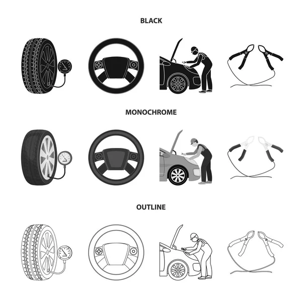 Motor ayarı, direksiyon simidi, kelepçe ve tekerlek siyah, siyah-beyaz set koleksiyonu tasarım için anahat simgeleri. Araba bakım istasyonu vektör simge stok çizim web. — Stok Vektör