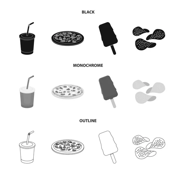 Cola, pizza, ice cream, chips.Fast food set icons in black, monochrome, outline style vector symbol stock illustration web . — стоковый вектор