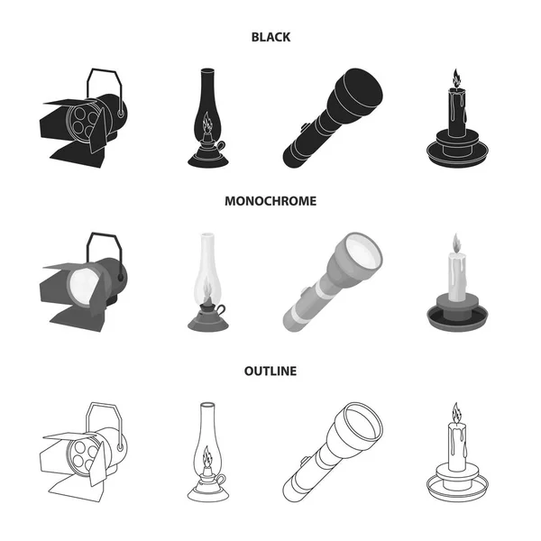 サーチライト、石油ランプ、ろうそく、懐中電灯。光源は黒、白黒、アウトライン スタイルのベクトル シンボル ストック イラストの web コレクションのアイコンを設定. — ストックベクタ