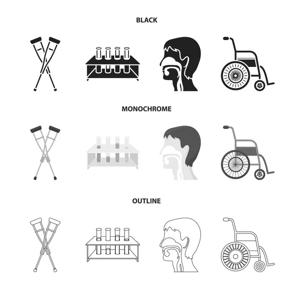 Krücke, Stativ mit Reagenzgläsern, Rollstuhl, menschliches Atemsystem. Medizin Set Sammlung Symbole in schwarz, monochrom, Umriss Stil Vektor Symbol Stock Illustration Web. — Stockvektor