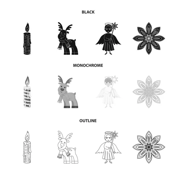 Weihnachtskerze, Hirsch, Engel und Schneeflocke schwarz, monochrom, Umrisssymbole in Set-Kollektion für Design. weihnachten vektor symbol stock web illustration. — Stockvektor