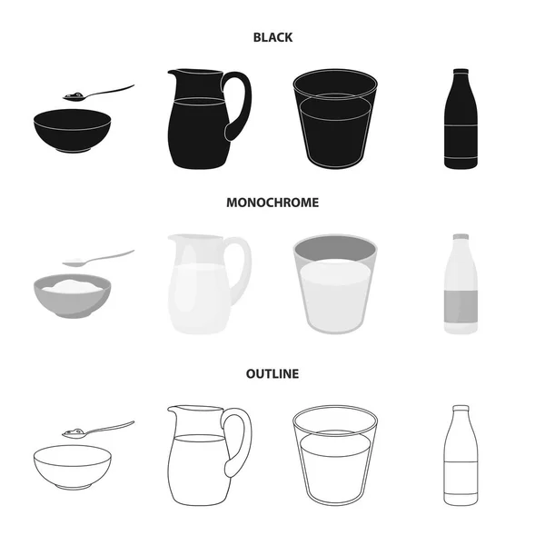 Schale mit Quark, ein Glas, eine Flasche Kefir, ein Krug. moloko set collection icons in schwarz, monochrom, umriss stil vektor symbol stock illustration web. — Stockvektor