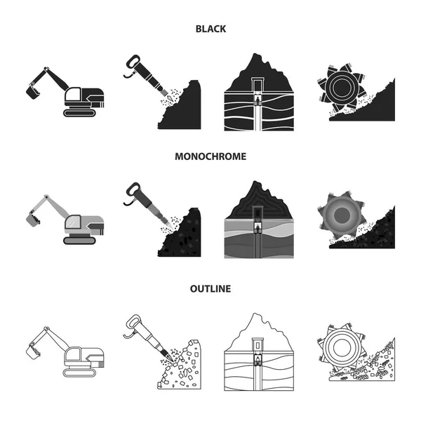 Excavator, tunnel, elevator, coal harvester and other equipment.Mine set collection icons in black,monochrome,outline style vector symbol stock illustration web. — Stock Vector