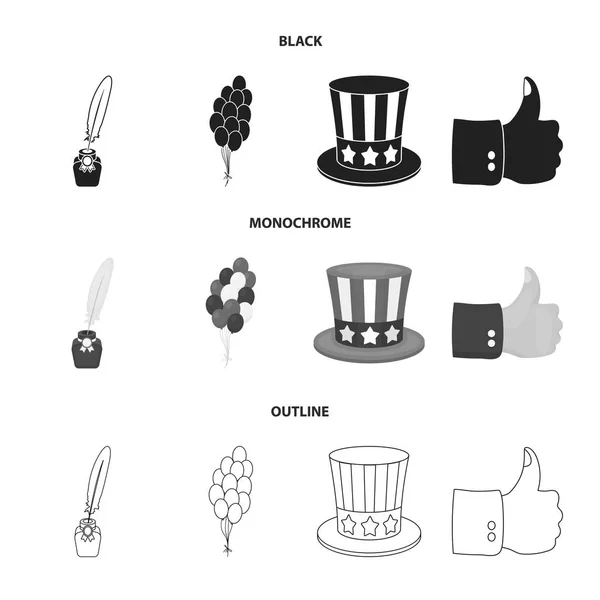 Balloons, inkwell with a pen, Uncle Sam hat. The patriot day set collection icons in black,monochrome,outline style vector symbol stock illustration web. — Stock Vector