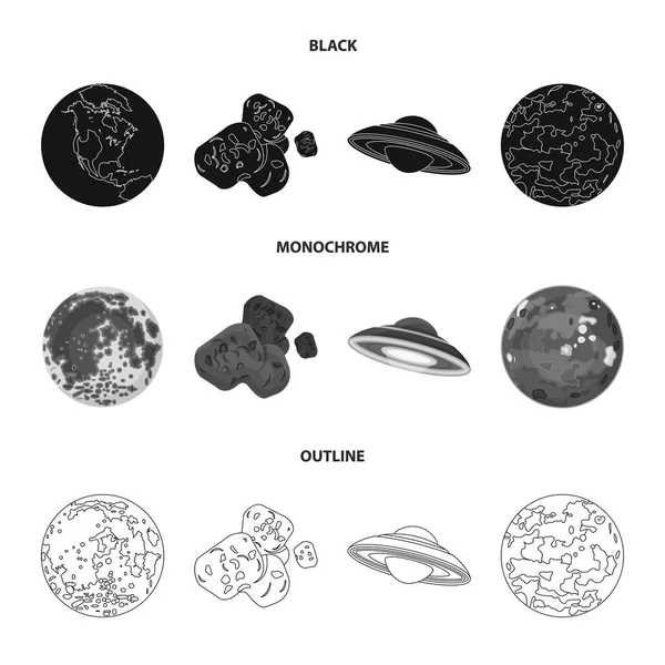 Luna, Venus del planeta del sistema solar. Nil, un meteorito. Planetas conjunto colección iconos en negro, monocromo, contorno estilo vector símbolo stock ilustración web . — Vector de stock