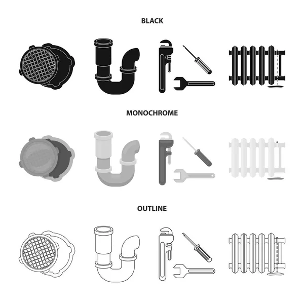 Sewage hatch, tool, radiator.Plumbing set collection icons in black, monochrome, outline style vector symbol stock illustration web . — стоковый вектор