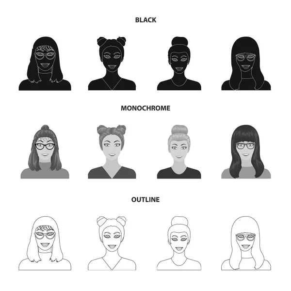 La cara de una chica con gafas, una mujer con un peinado. Iconos de colección de conjunto de rostro y apariencia en negro, monocromo, contorno estilo vector símbolo stock ilustración web . — Vector de stock