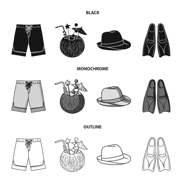 Maillots de bain, cocktail à la noix de coco, panama et palmes. Ensemble de surf icônes de la collection en noir, monochrome, contour style vectoriel symbole illustration web . — Image vectorielle