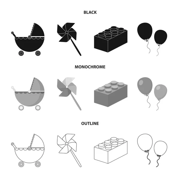 Poussette, moulin à vent, lego, ballons. Ensemble de jouets icônes de la collection en noir, monochrome, contour style vectoriel symbole illustration web . — Image vectorielle