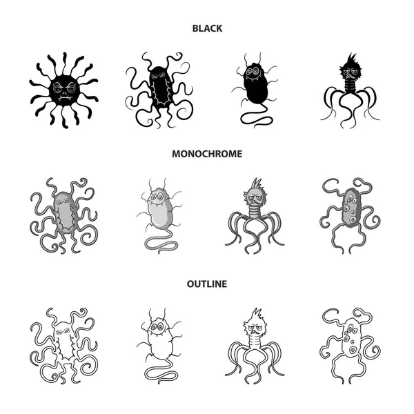 微生物やウイルスの種類。ウイルスや細菌は黒、白黒、アウトライン スタイルのベクトル シンボル ストック イラストの web コレクションのアイコンを設定. — ストックベクタ