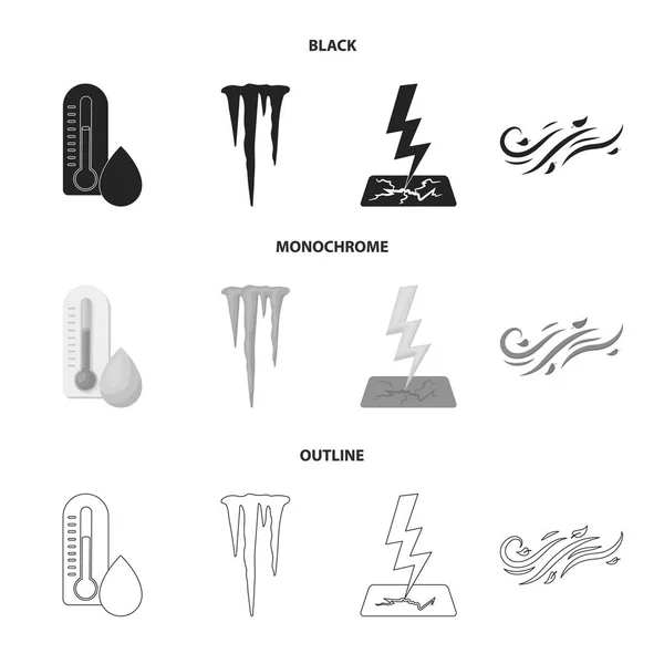 Humedad, carámbanos, rayos, viento. Clima conjunto colección iconos en negro, monocromo, contorno estilo vector símbolo stock ilustración web . — Vector de stock