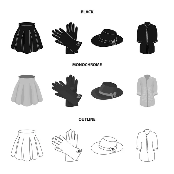 Φούστα με πτυχώσεις, γυναίκες καπέλο με ένα τόξο, δερμάτινα γάντια, πουκάμισο της βίδας. Γυναικεία ρούχα σετ συλλογής εικονιδίων σε μαύρο, μονοχρωματικό, περίγραμμα στυλ διάνυσμα σύμβολο μετοχής εικονογράφηση web. — Διανυσματικό Αρχείο