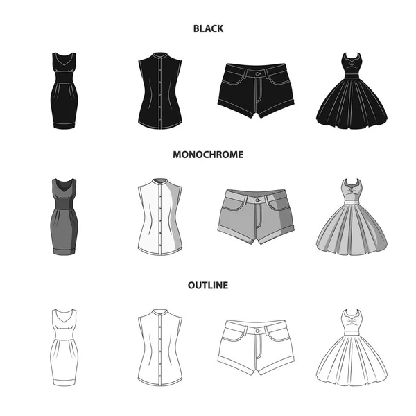 Kadın giyim siyah, siyah-beyaz anahat simgeleri toplama tasarımı için ayarlayın. Sembol stok web illüstrasyon vektör giyim çeşitleri ve aksesuarlar. — Stok Vektör