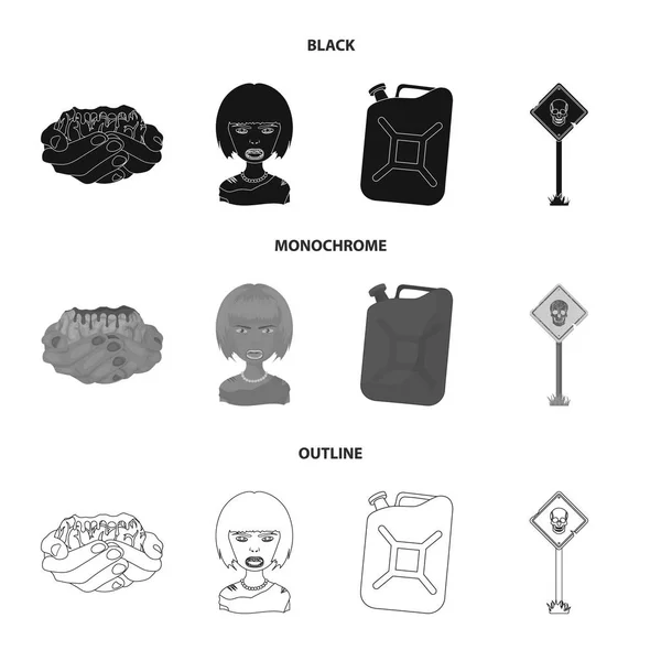 Zombies and Attributes negro, monocromo, iconos de contorno en la colección de conjuntos para el diseño. Hombre muerto vector símbolo stock web ilustración . — Vector de stock