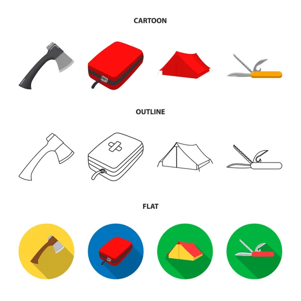 AX, zestaw pierwszej pomocy, namiot turystyczny, składany nóż. Camping kolekcja zestaw ikon w kreskówki, konspekt, www ilustracji symbol wektor płaski. — Wektor stockowy