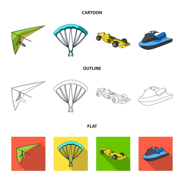 Drachenflieger, Fallschirm, Rennwagen, Wasserscooter. Extremsport Set Sammlung Symbole in Cartoon, Umriss, flachen Stil Vektor Symbol Stock Illustration Web. — Stockvektor