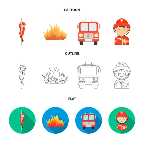 Pompiere, pompiere, camion dei pompieri. I vigili del fuoco impostano icone di raccolta in cartone animato, contorno, stile piatto vettore simbolo stock illustrazione web . — Vettoriale Stock