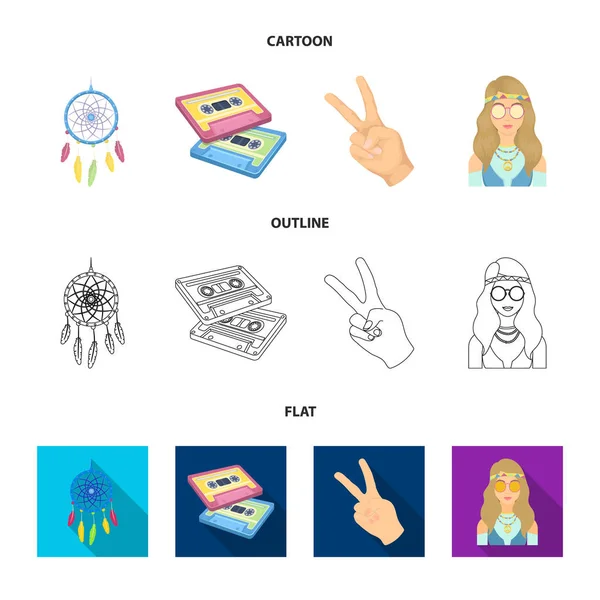 Amulet, hippie dívka, svoboda znamení, staré kazety. Hippie sada kolekce ikon v karikatuře, obrys, plochý vektor symbol akcií ilustrace web. — Stockový vektor