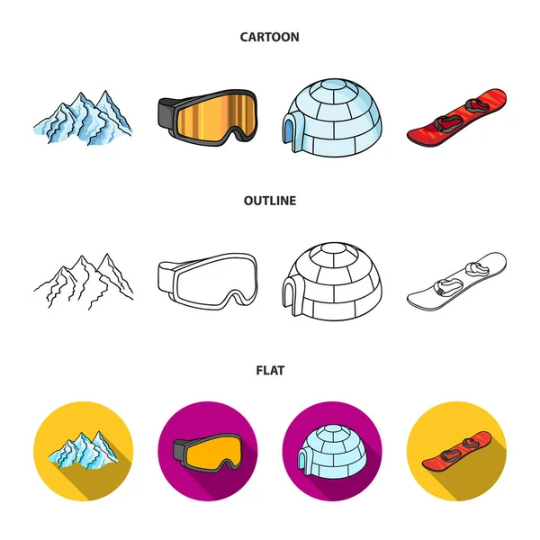 Berge, Brillen, ein Iglu, ein Snowboard. Skigebiet Set Sammlung Symbole in Cartoon, Umriss, flachen Stil Vektor Symbol Stock Illustration Web. — Stockvektor