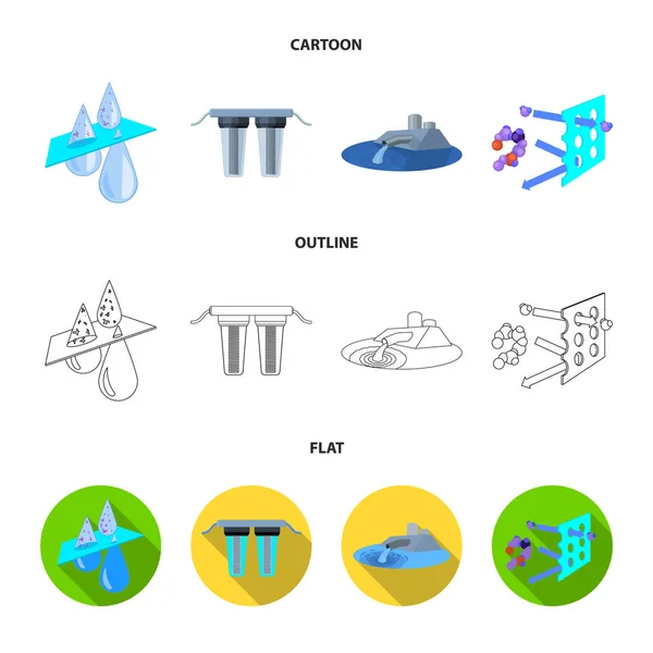 Filtro, filtración, naturaleza, eco, bio. Sistema de filtración de agua conjunto de iconos de colección en dibujos animados, contorno, plano estilo vector símbolo stock ilustración web . — Vector de stock