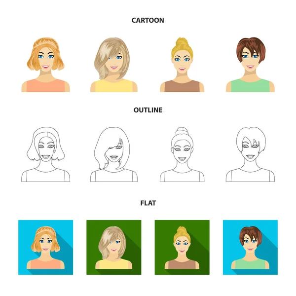 Types de dessins animés de coiffures féminines, contour, icônes plates dans la collection ensemble pour la conception. Apparence d'une femme vecteur symbole stock web illustration . — Image vectorielle