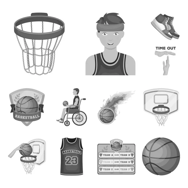 Baloncesto y atributos iconos monocromáticos en la colección de conjuntos para el diseño.Jugador de baloncesto y equipo vector símbolo stock web ilustración . — Archivo Imágenes Vectoriales
