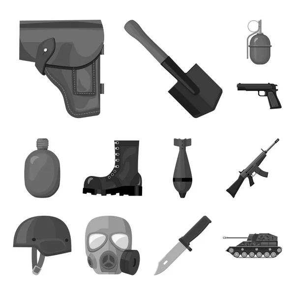 Icone monocromatiche dell'esercito e dell'armamento nella collezione set per il design. Armi e attrezzature simbolo vettoriale stock web illustrazione . — Vettoriale Stock