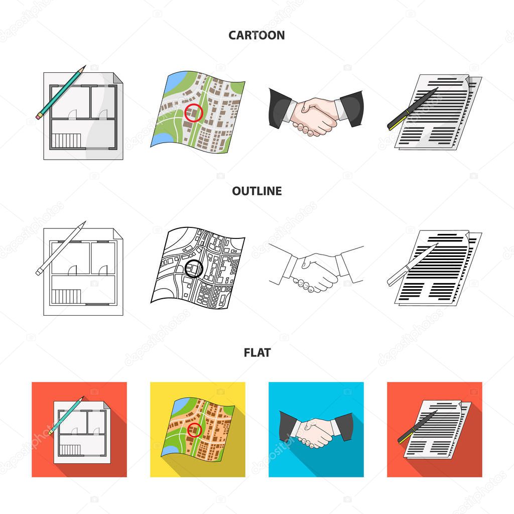 House plan, documents for signing, handshake, terrain plan. Realtor set collection icons in cartoon,outline,flat style vector symbol stock illustration .