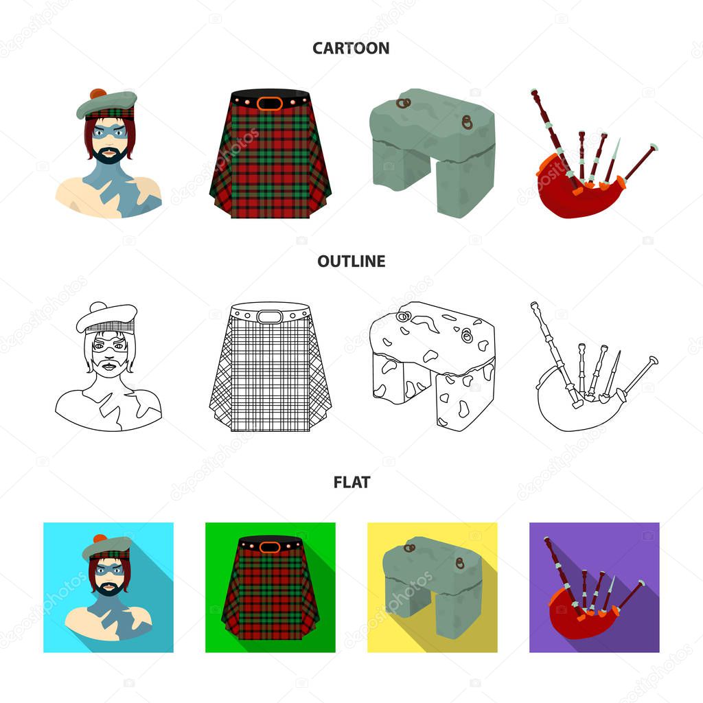 Highlander, Scottish Viking, tartan, kilt, scottish skirt, scone stone, national musical instrument of bagpipes. Scotland set collection icons in cartoon,outline,flat style vector symbol stock